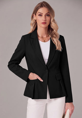 Black Women's  Peplum Suit Jacket Blazer, Tailored Fitted Long Sleeve with Built-in Shoulder Pads, Dressy Casual for Office, Business & Everyday Wear