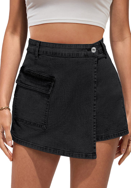 Denim Skorts for Woman Cargo Faux Wrap Jean Skort Skirts Stretchy High Waisted Skirt Shorts