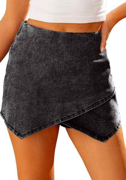 Vintage Black Women's Denim High Waisted Shorts Skort Stretch Asymmetrical Wrap Skirt