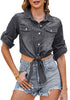 Women's Trendy 3/4 Sleeve Button Down Crop Top Denim Jacket Shirt Tie