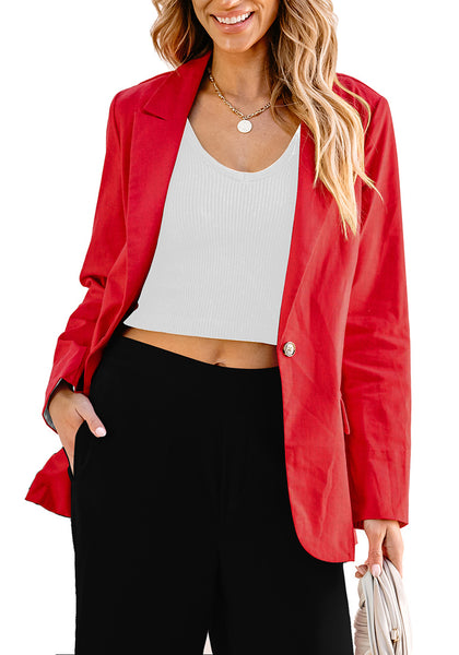 Red Women's Business Casual Pocket Notched Lapels Blazer Long Rolled Up Sleeve Blazer