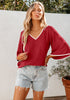 Red Women's 3/4 Sleeve Bell Blouse Color Block Flowy Business Casual Work Tops