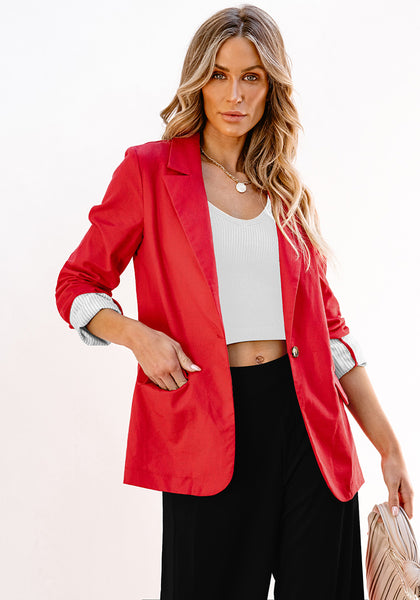 Red Women's Business Casual Pocket Notched Lapels Blazer Long Rolled Up Sleeve Blazer