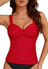 Red Women's Knot Front Twist Front Tankini Top Low Cut Shirred Swimsuit Tops