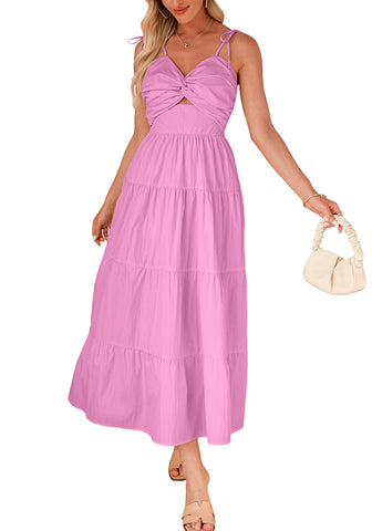 Aurora Pink Women Midi Cut Out Dress Sleeveless Adjustable Strap Feminine Clothes
