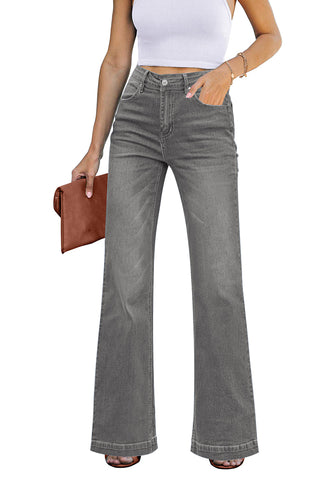 Smoked Gray Womens Flare Jeans High Waisted Wide Leg Baggy Stretch Denim Pants