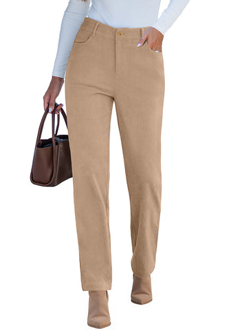 Pale Khaki - Women's High Waist Straight Leg Corduroy Pants with Comfort Stretch Waistband Vintage Casual Fall Winter