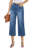 Medium Blue Women's Denim Capri Elastic Waist High Waist Pant Pocket