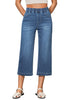 Medium Blue Women's Denim Capri Elastic Waist High Waist Pant Pocket