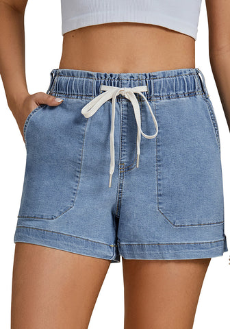 Lakeside Blue Women's Comfy Denim Drawstring Flat Front Jean Pocket Shorts Stretch Utility Styles