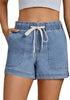 Lakeside Blue Women's Comfy Denim Drawstring Flat Front Jean Pocket Shorts Stretch Utility Styles