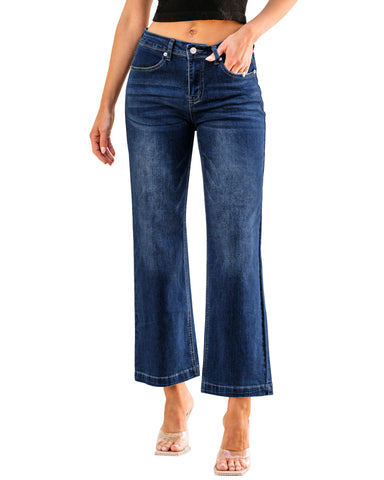 2024 Indigo Skyblue  Women's Casual Flare High Waisted Jeans Wide Leg Relaxed Fit Stretch Ruched Denim Pants Trouser