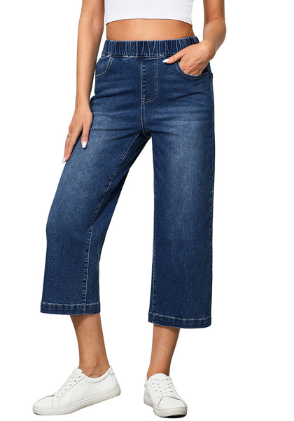 Classic Blue Women's Denim Capri Elastic Waist High Waist Pant Pocket