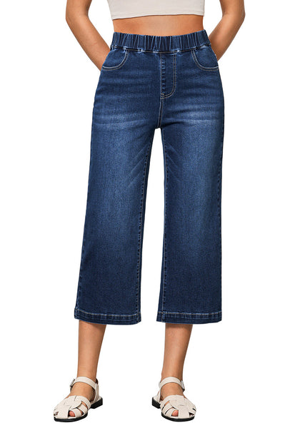 Classic Blue Women's Denim Capri Elastic Waist High Waist Pant Pocket