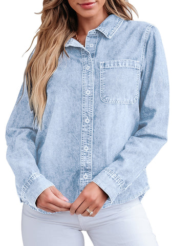 Roadknight Blue Denim Shirt For Women Button Front Blouse Broken-in  Business Casual Lightweight Long Shirt Sleeve