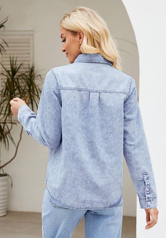 Roadknight Blue Denim Shirt For Women Button Front Blouse Broken-in  Business Casual Lightweight Long Shirt Sleeve