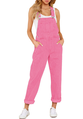 Candy Pink Women's Casual Stretch Denim Bib Overalls Pants Pocketed Jeans Jumpsuits