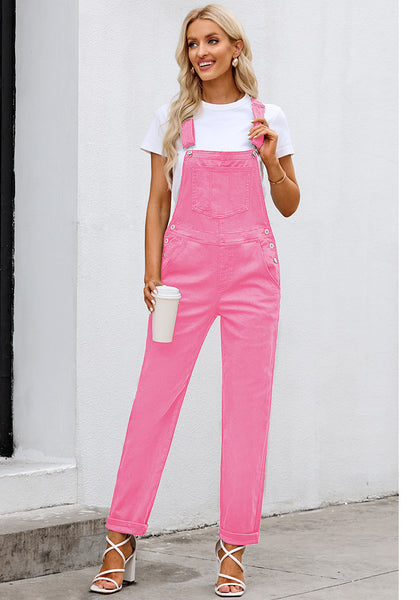 Candy Pink Women's Casual Stretch Denim Bib Overalls Pants Pocketed Jeans Jumpsuits