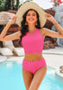Hot Pink Women's High Waisted Two Piece Bikini Sets Textured High Neck Racer Back Swimsuits