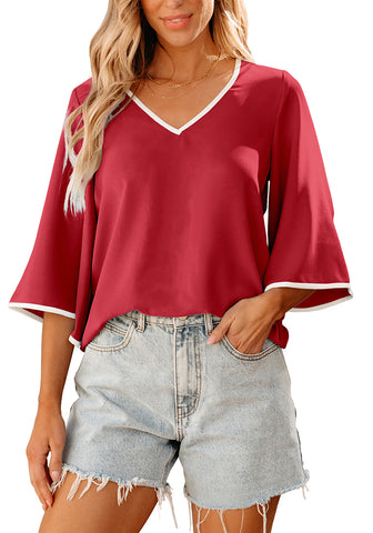 Red Women's 3/4 Sleeve Bell Blouse Color Block Flowy Business Casual Work Tops