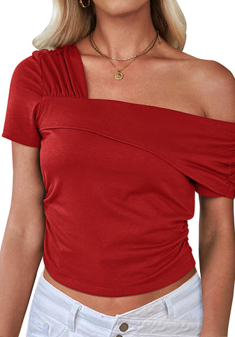 Red Women's Crop Short Sleeve Summer Tops One Shoulder Off Sholder Tops