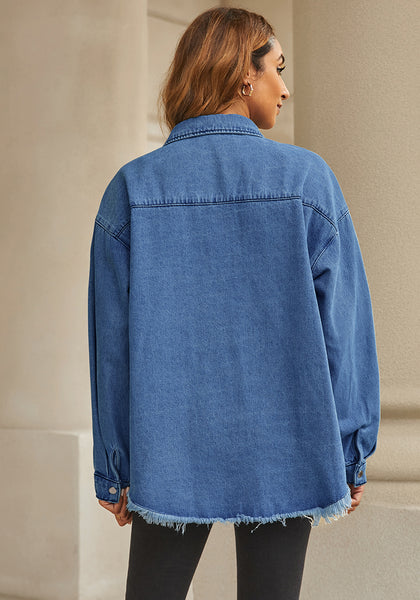 Classic Blue Womens Denim Jacket Oversized Button Down Shirts Jean Shacket Distressed Frayed Coat
