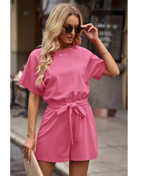 Bubblegum Pink Women Casual Short Sleeves Self-Tie Belted Short Romper Jumpsuits