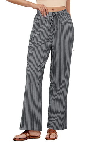 Gray Black Stripe Women's Drawstring Full Length High Waist Long Pants Wide Leg Striped Trousers