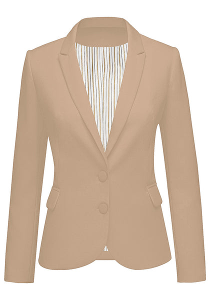 Beige Women's Long Sleeve Formal Notch Lapel Button Down Blazer Pockets Jacket