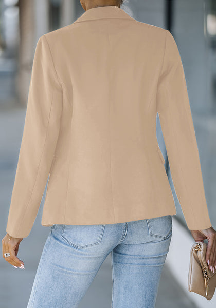 Beige Women's Long Sleeve Formal Notch Lapel Button Down Blazer Pockets Jacket