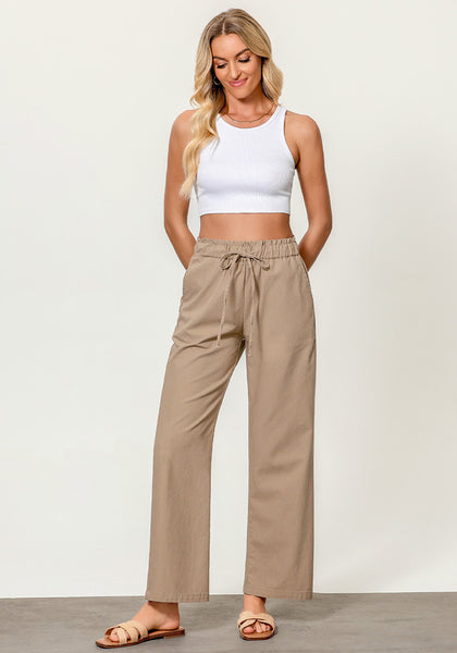 Almond Women's Casual Full Length Elastic High Waist Relaxed Fit Wide Leg Pants with Pocket