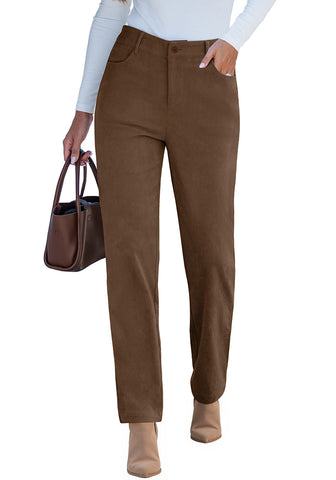 Cocoa Brown - Comfort Stretch Waist Women's High Rise Straight Leg Corduroys Flattering Vintage Everyday Pants