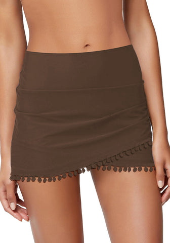 Chocolate Brown Tulip Hem Tassels Mid-Waist Ruched Swim Skirt