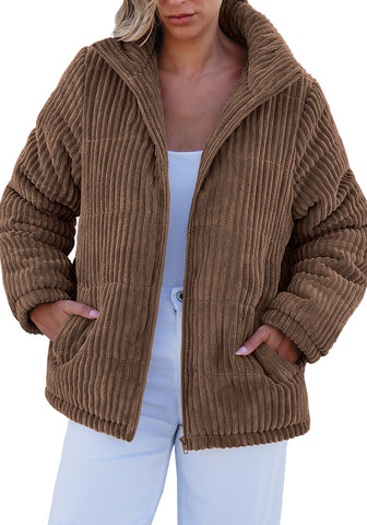 Brown Women Casual Corduroy Winter Full Front Zip Stand Neck Long Fit Moderate Jackets