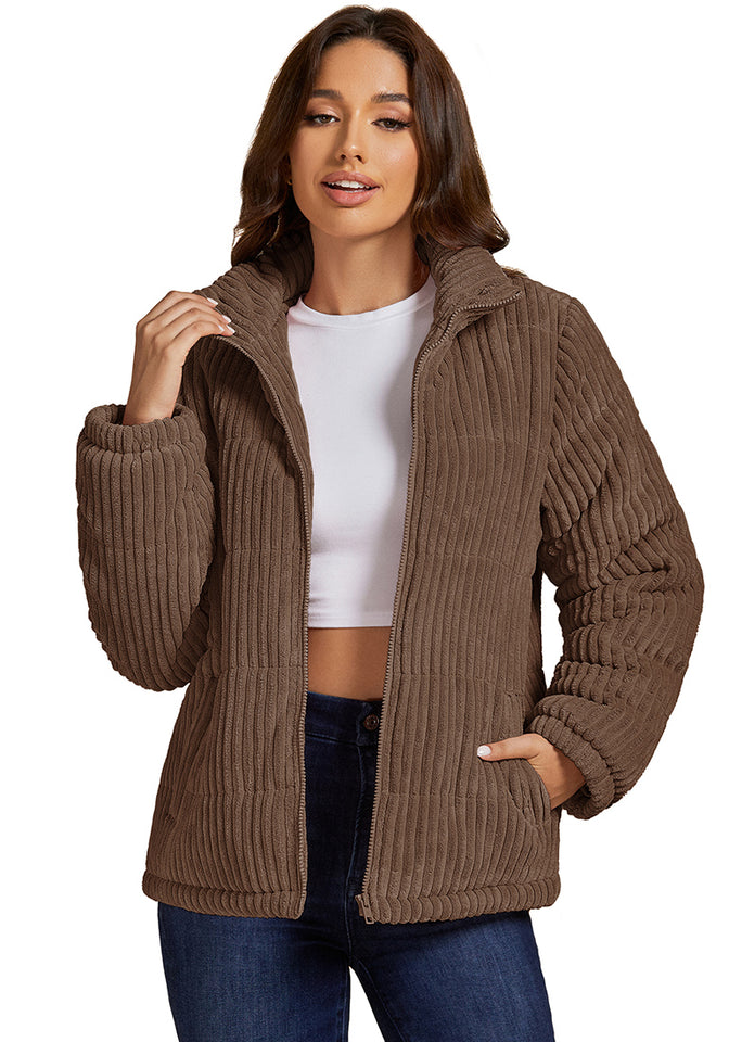 Brown Women Casual Corduroy Winter Full Front Zip Stand Neck Long Fit Lookbook Store