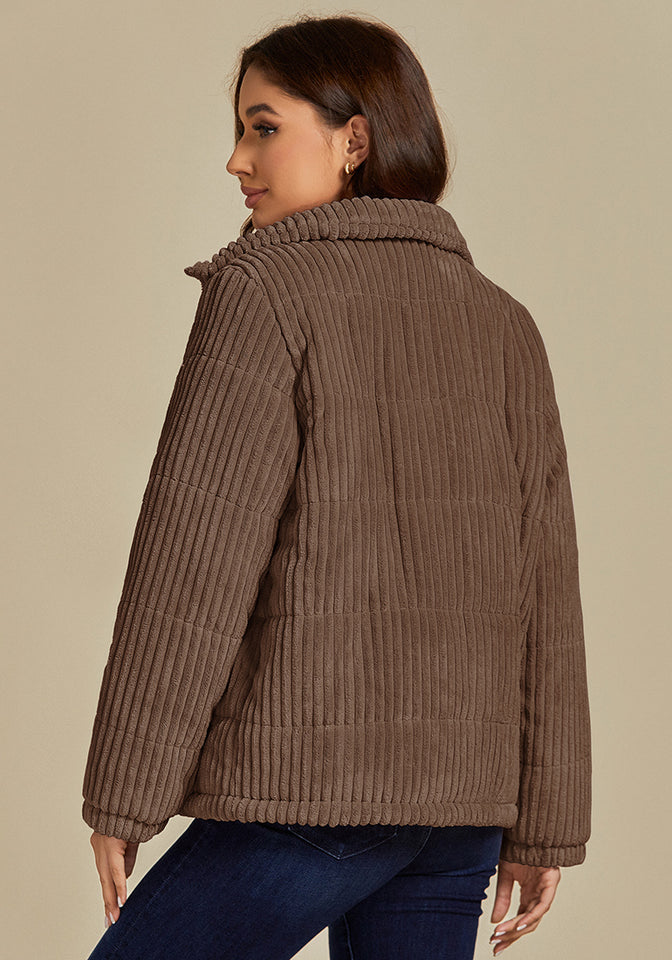 Brown Women Casual Corduroy Winter Full Front Zip Stand Neck Long