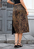 Brown Jaguar Leopard Satin Midi Skirt — High Waisted A Line Slip Skirt with Slit, Lace Trim & Stretchy Waist