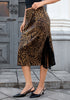 Brown Jaguar Leopard Satin Midi Skirt — High Waisted A Line Slip Skirt with Slit, Lace Trim & Stretchy Waist