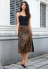 Brown Jaguar Leopard Satin Midi Skirt — High Waisted A Line Slip Skirt with Slit, Lace Trim & Stretchy Waist