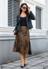 Brown Jaguar Leopard Satin Midi Skirt — High Waisted A Line Slip Skirt with Slit, Lace Trim & Stretchy Waist