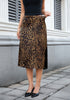 Brown Jaguar Leopard Satin Midi Skirt — High Waisted A Line Slip Skirt with Slit, Lace Trim & Stretchy Waist