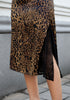 Brown Jaguar Leopard Satin Midi Skirt — High Waisted A Line Slip Skirt with Slit, Lace Trim & Stretchy Waist