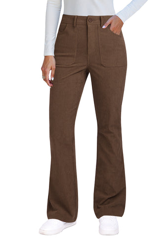 Cocoa Brown Women's High Quality Corduroy Pants High Waist Winter Flared Pants Carry Pockets
