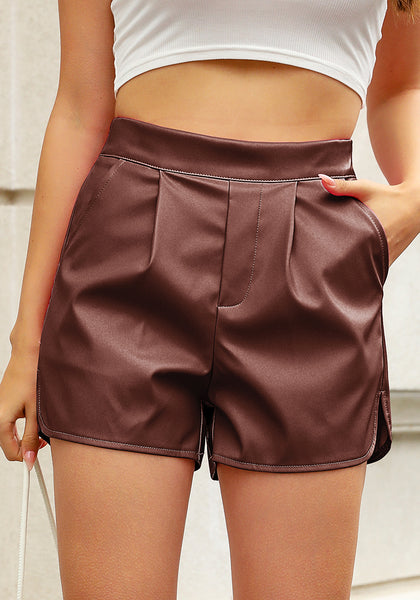 Chocolate Brown Women’s Faux Leather Shorts PU Leather Relaxed Fit Ultra High Rise Elastic Shorts