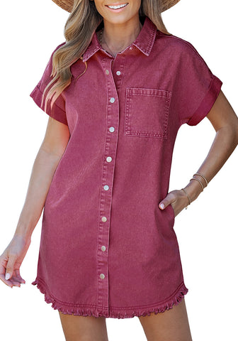 Jester Red  - Acid Wash Women's Denim Jean Dress Button Down Frayed Hem Jean Short Dresses With Pockets