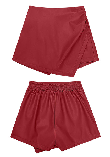 Red Women's High Waisted Faux Leather Skorts Elastic Waist Curvy Shorts