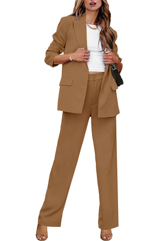 Camel Women's Business Casual 2 Piece Blazer Jacket Straight Leg High Waisted Pants Suits