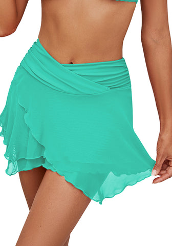 Aqua Green Women's Brief Criss Cross High Waisted Swim Skirt Layered Mesh Swimsuit Cover-Up