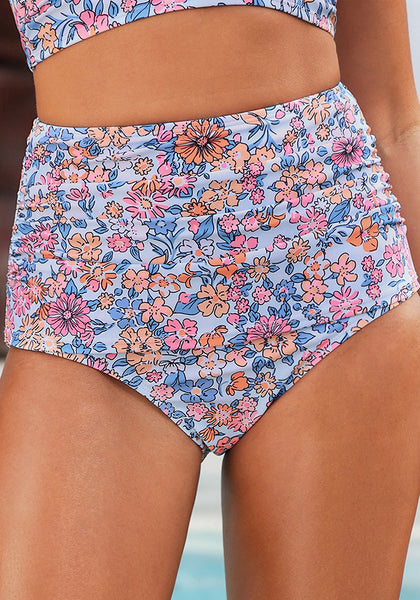 Blue Floral High Waist Ruched Swim Bottom