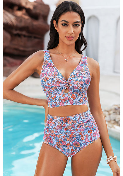 Blue Floral High Waist Ruched Swim Bottom